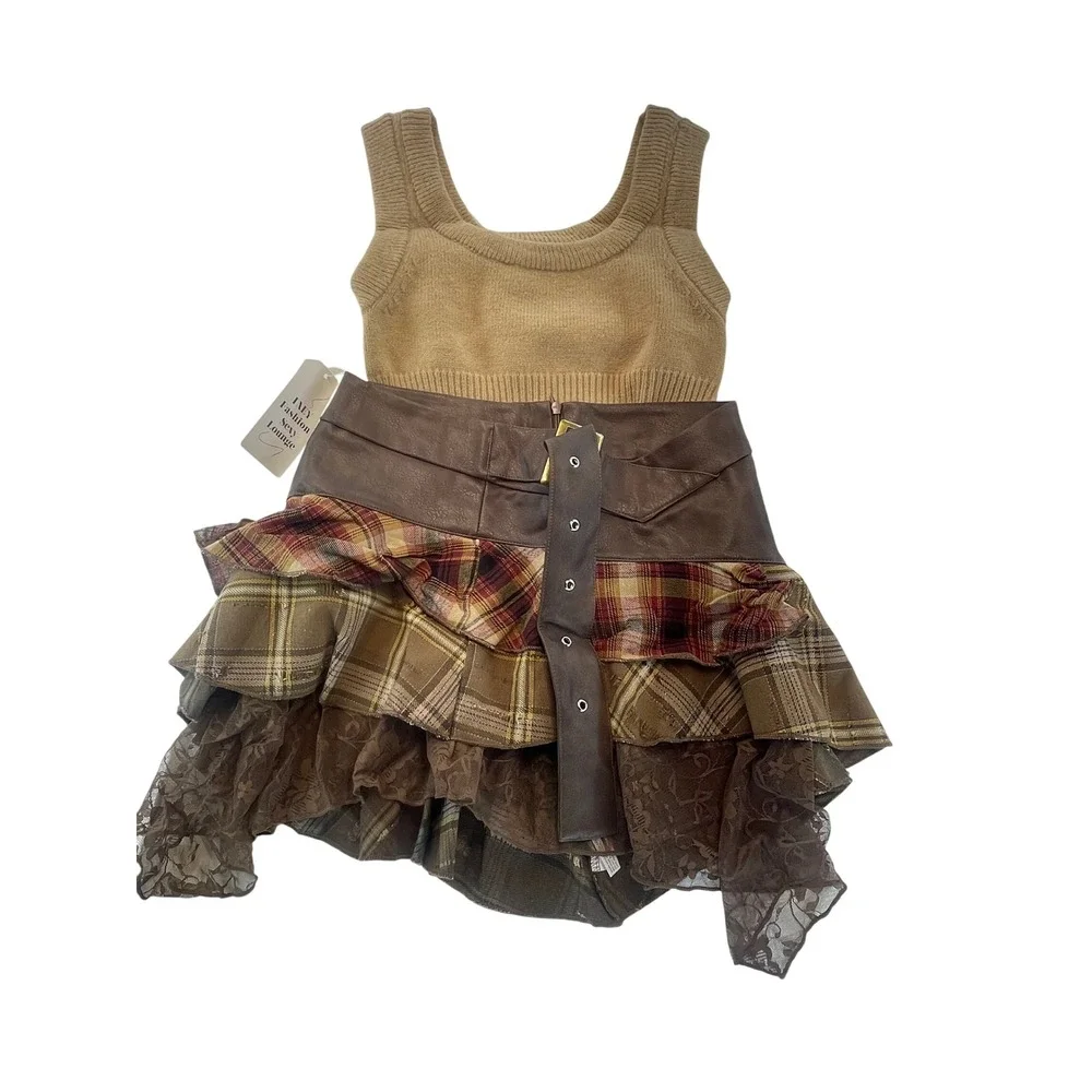 Plaid Tiered Ruffle Skirt Brown Lace Faux Leather Trim Mini Punk Grunge Med 3Set - Picture 4 of 8